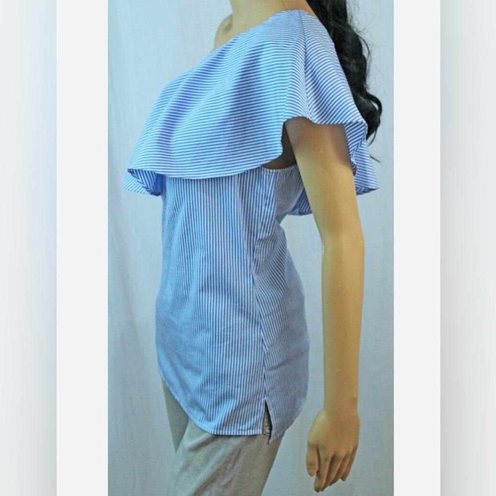 Lauren by Ralph Lauren One Shoulder Blue And White Striped Top~Ruffle‎ Size 12